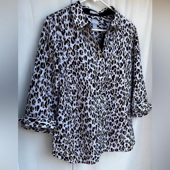 Chico's No Iron Linen Button Up Shirt Size 2 Leopard Print 3/4 Sleeve - Picture 3 of 11